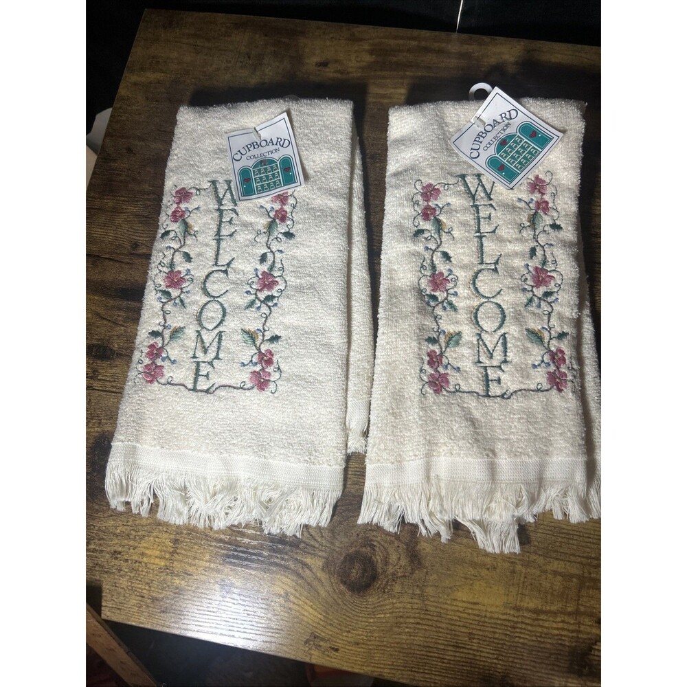Cupboard Collection Kitchen Hand Towel Set Welcome Pansies USA Cottagecore NOS - Picture 2 of 8